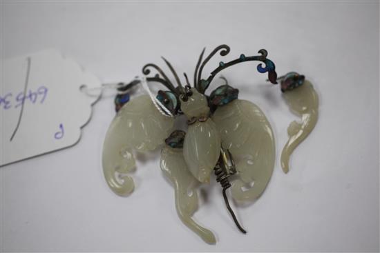 A Chinese pale celadon jade silver and enamelled articulated model of a butterfly, late 19th / early 20th century, width 7.5cm